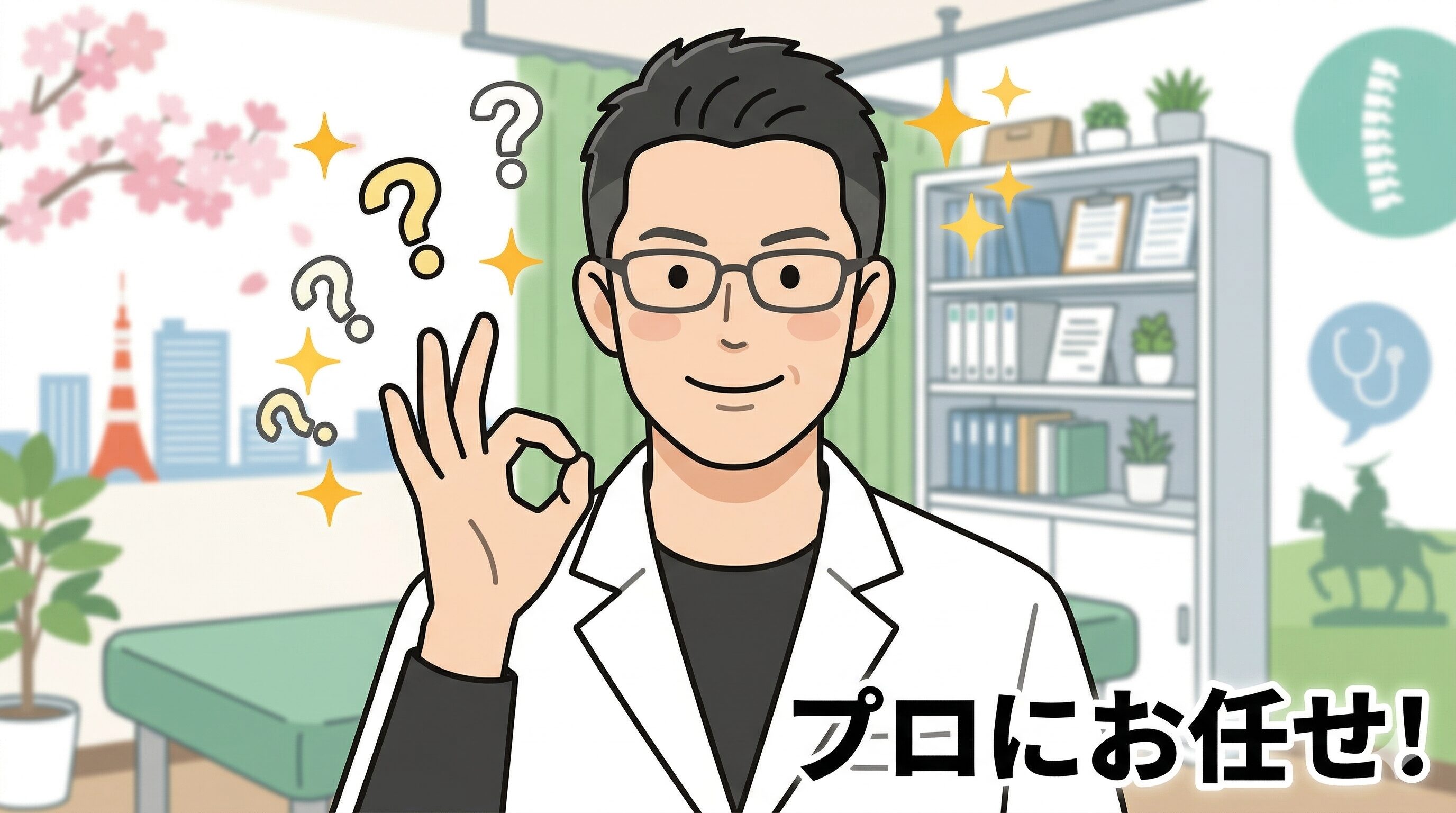 交通事故の治療費や立て替えに関する疑問に笑顔で答え、頼りになる接骨院院長のイラスト