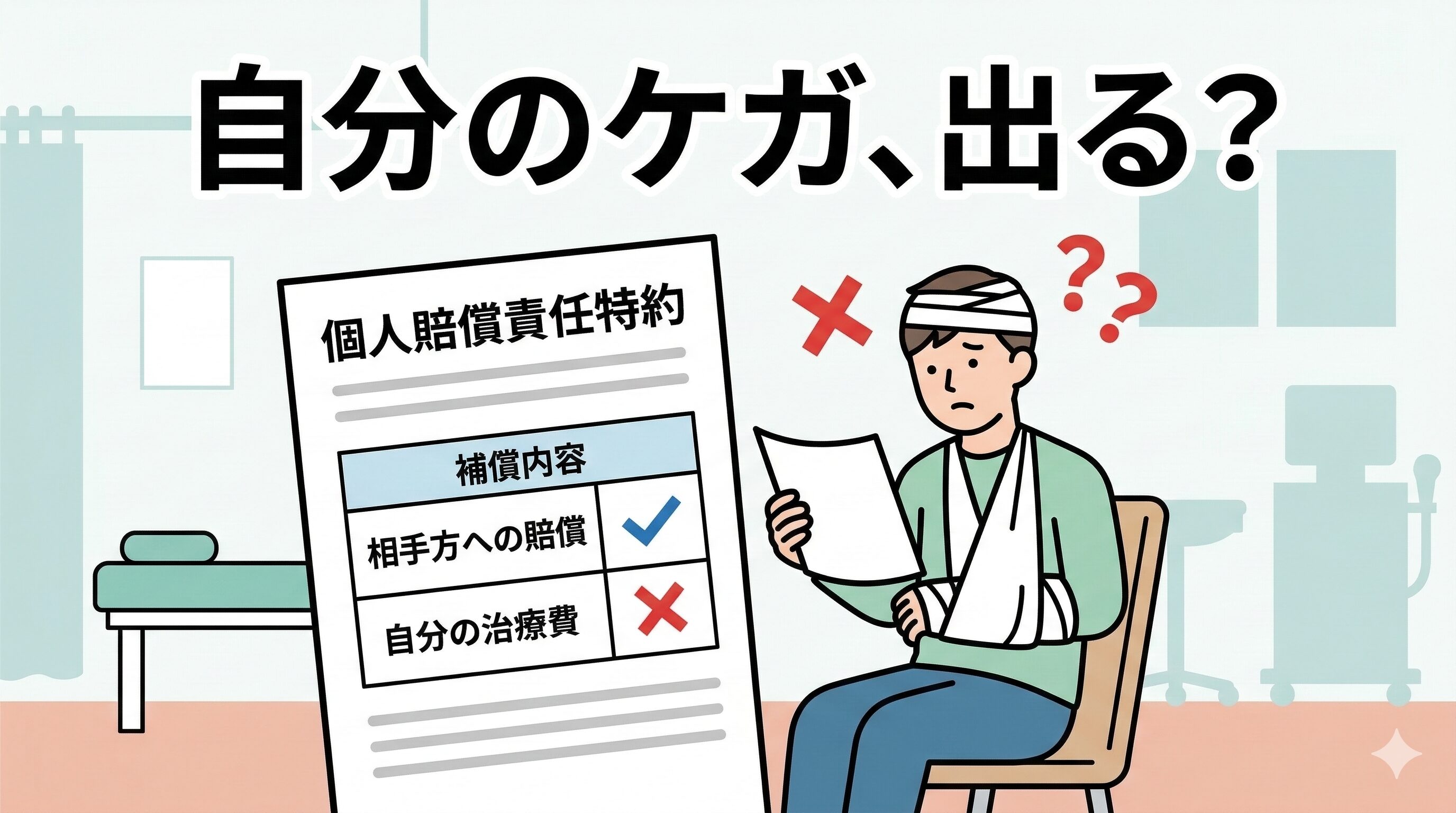 自転車事故で自分のケガが補償されないリスク（個人賠償責任特約の落とし穴）を説明するイラスト。