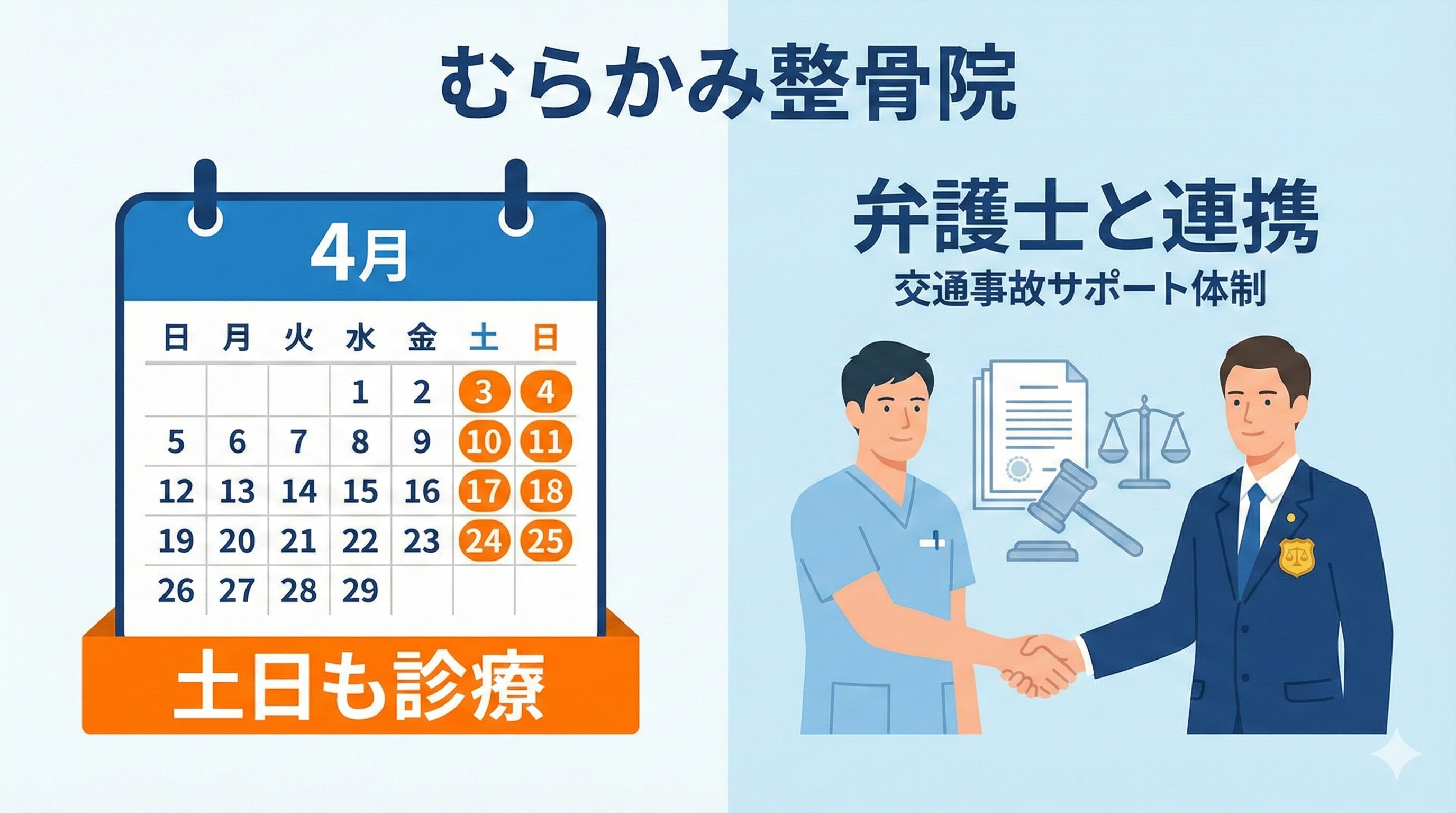 むらかみ整骨院の特徴を示すイラスト。土日も診療しているカレンダーと、交通事故に強い弁護士と連携してサポート体制が整っている様子。