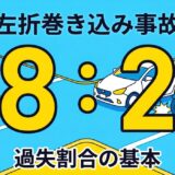 左折車と直進原付のイラスト。中央に大きく「8：2」という過失割合の数字が強調されている。