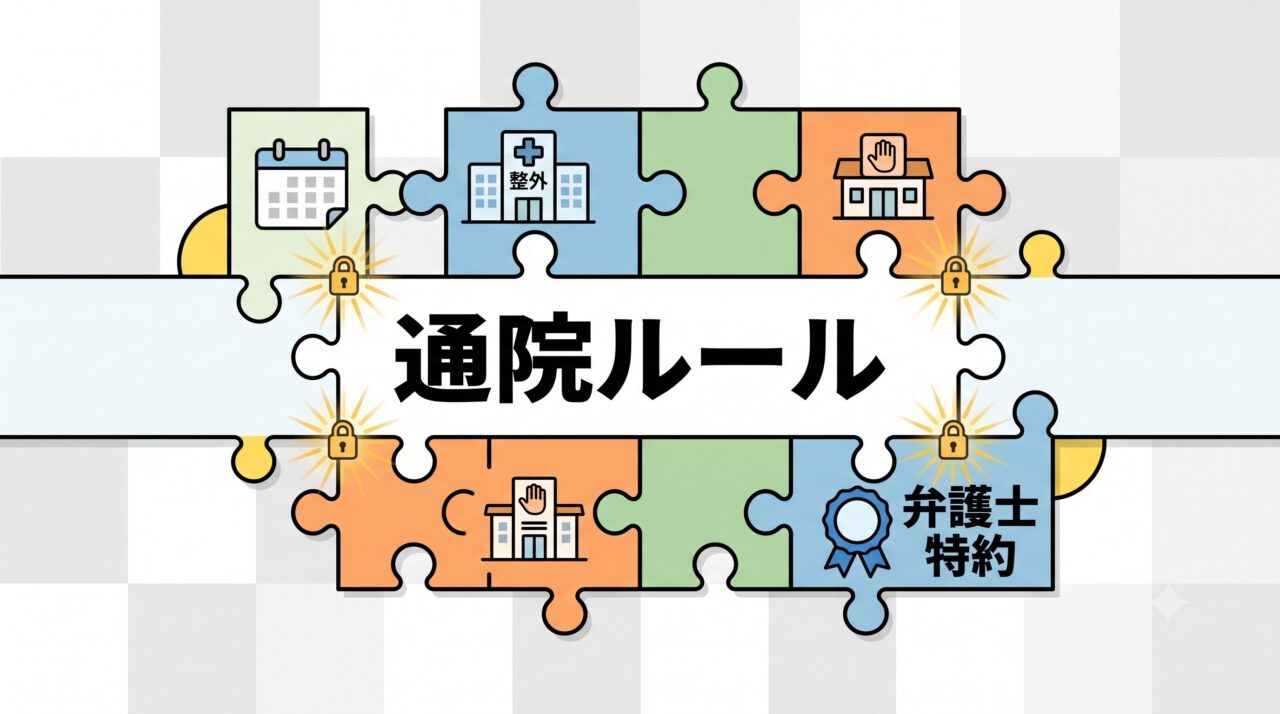 カレンダー、整形外科、接骨院、弁護士特約が連動して機能する、交通事故解決のための3つの正しいルールを表したフラットイラスト