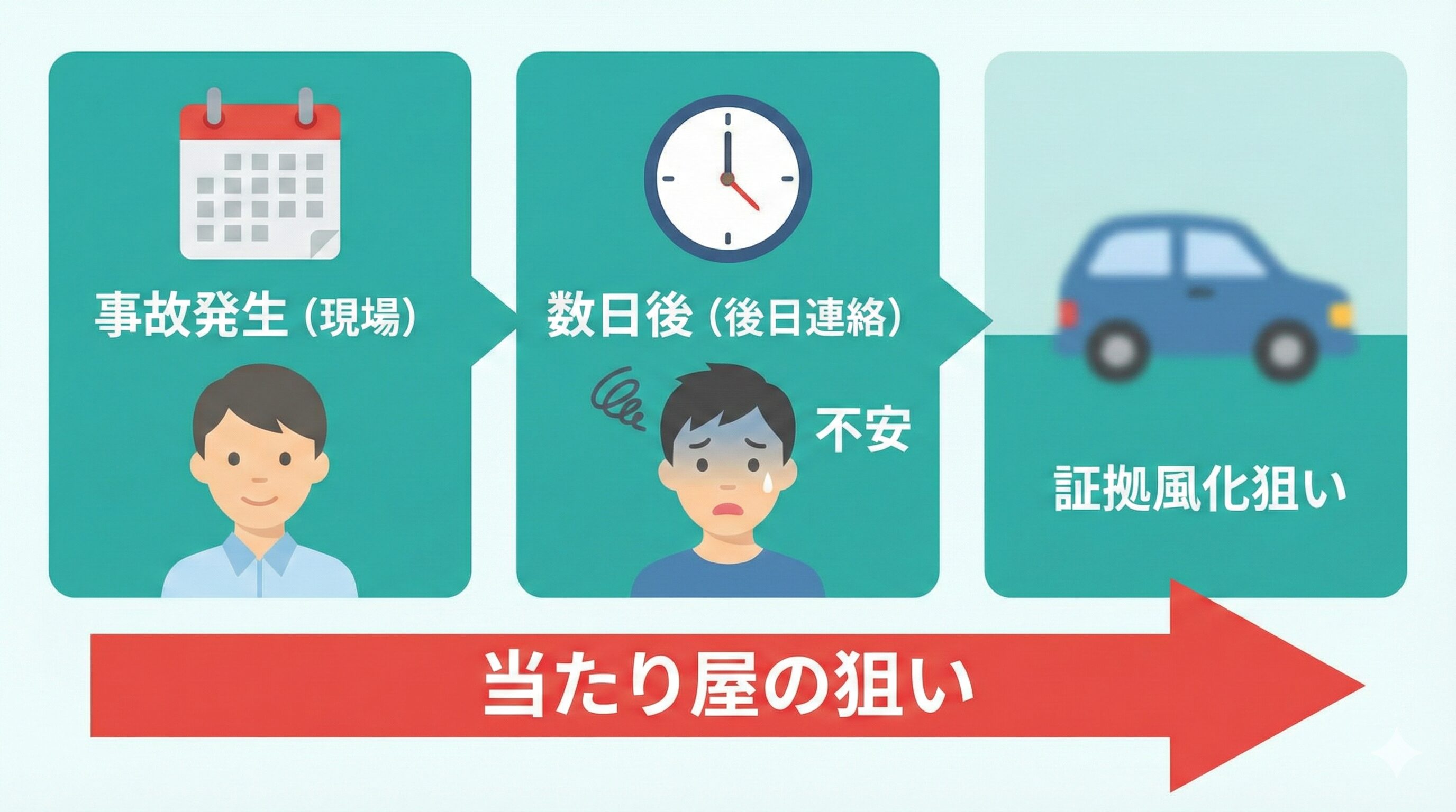 当たり屋が後日連絡してくる手口。心理的揺さぶりと証拠の風化を狙っている。