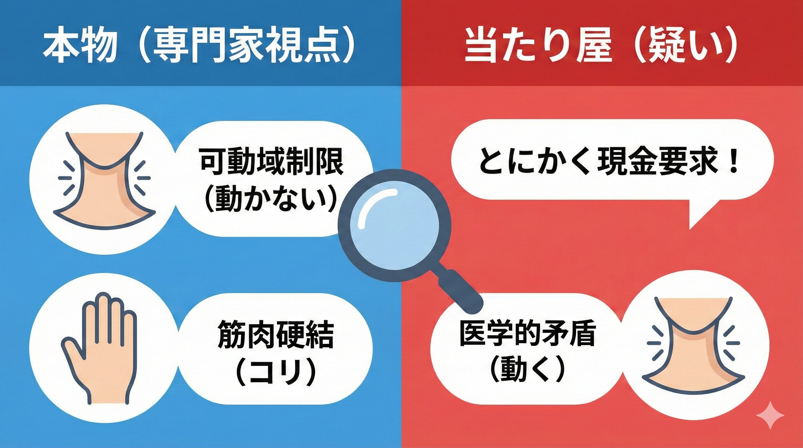 本物のむち打ちと当たり屋の主張の違い。専門家は可動域や筋肉の状態、要求内容から見抜く。