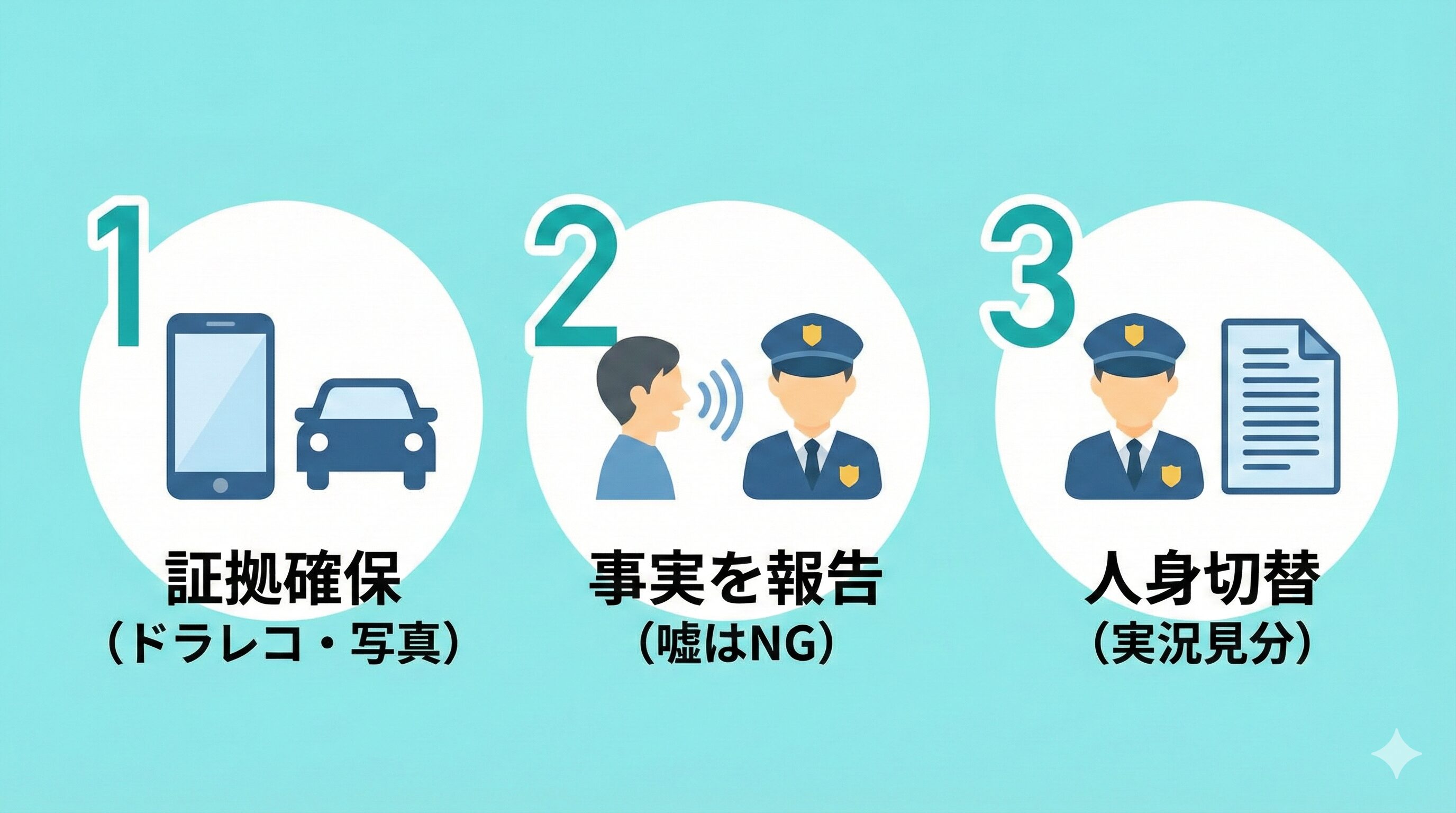 警察へ後日届け出る際の3つのステップ。証拠の確保、事実の報告、人身への切り替え。