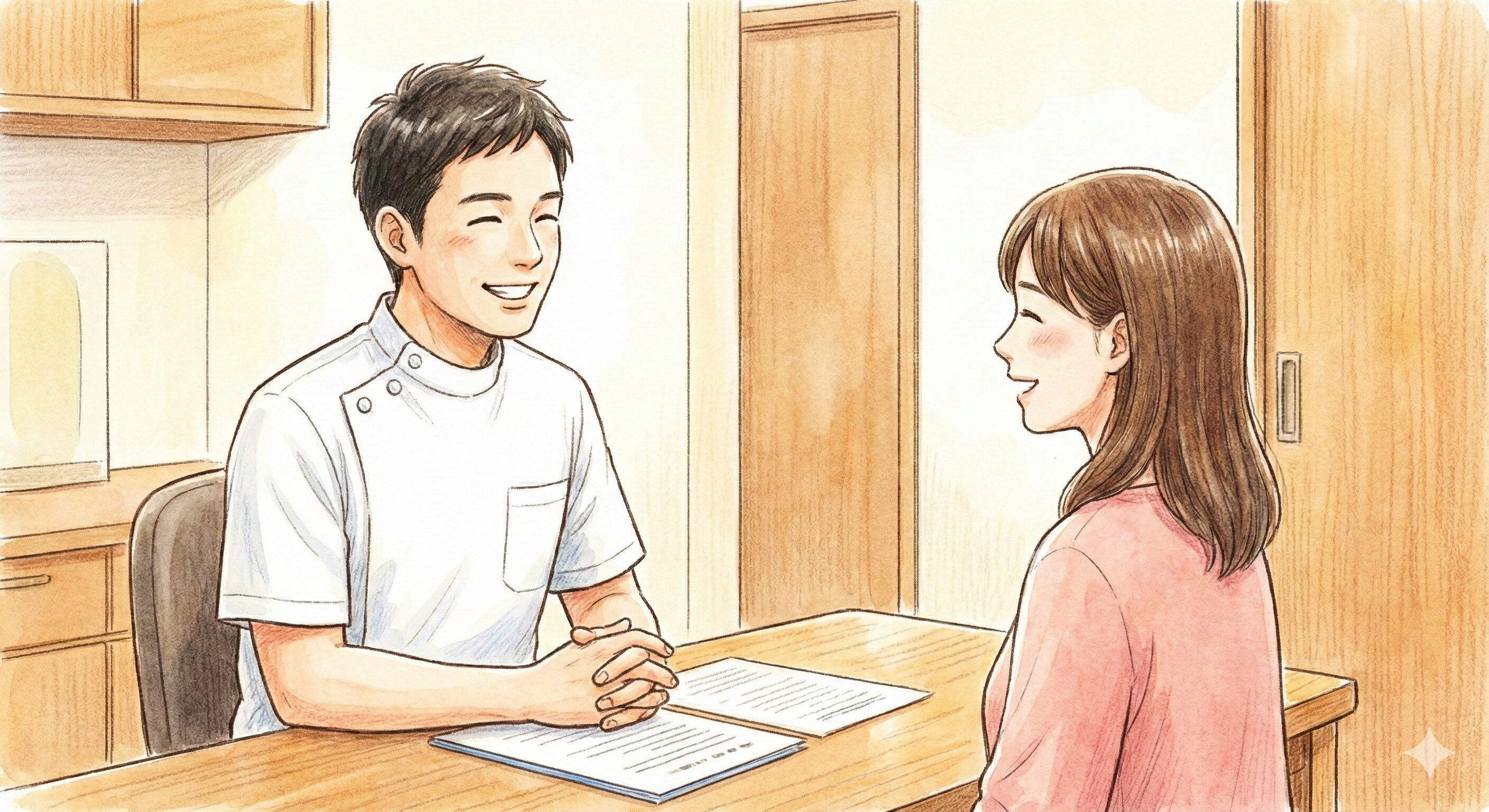 施術者(先生)と患者が向き合って丁寧にカウンセリングをしている様子