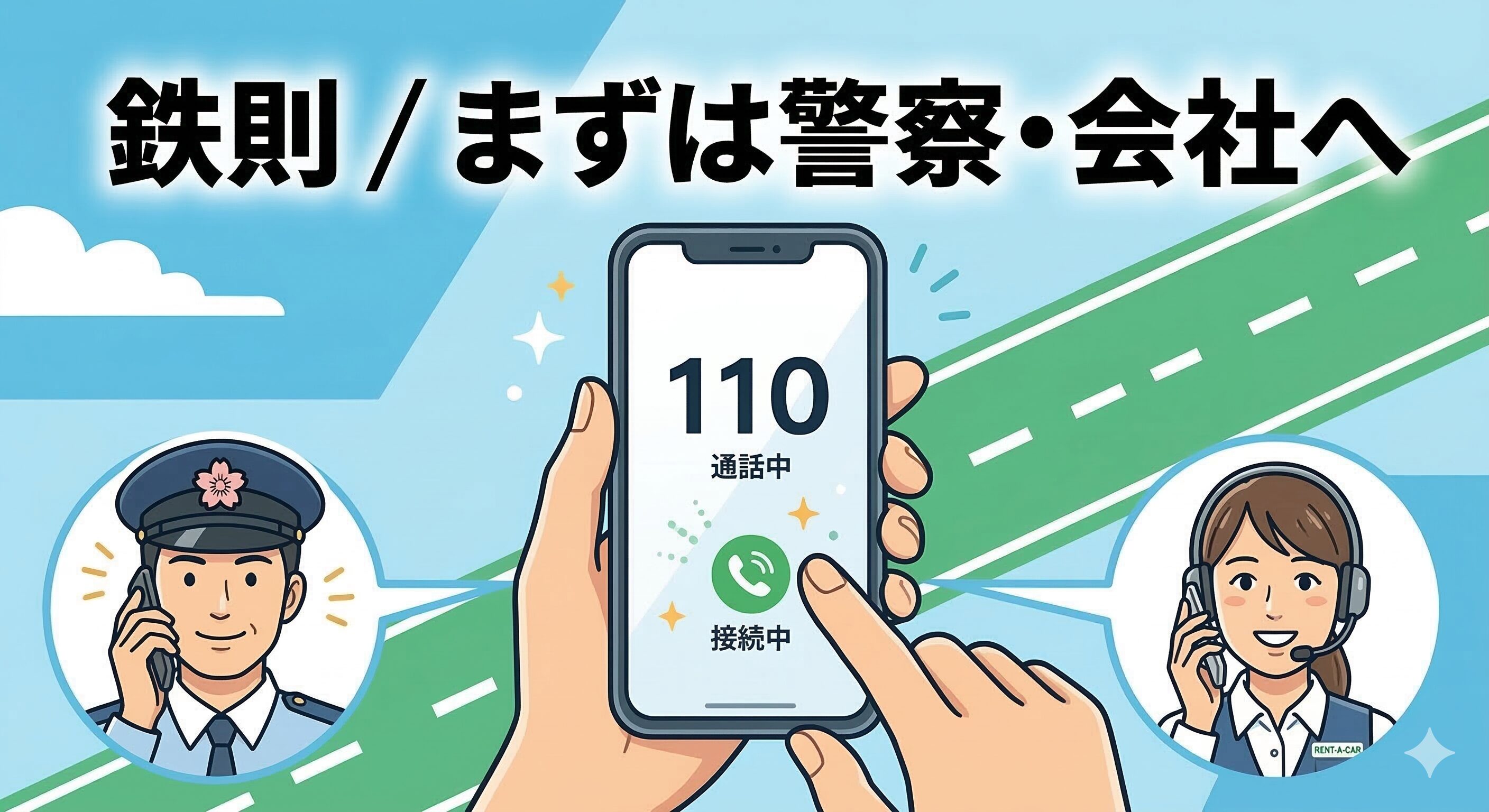 事故直後に警察とレンタカー会社へ連絡する正しい手順を示すイラスト