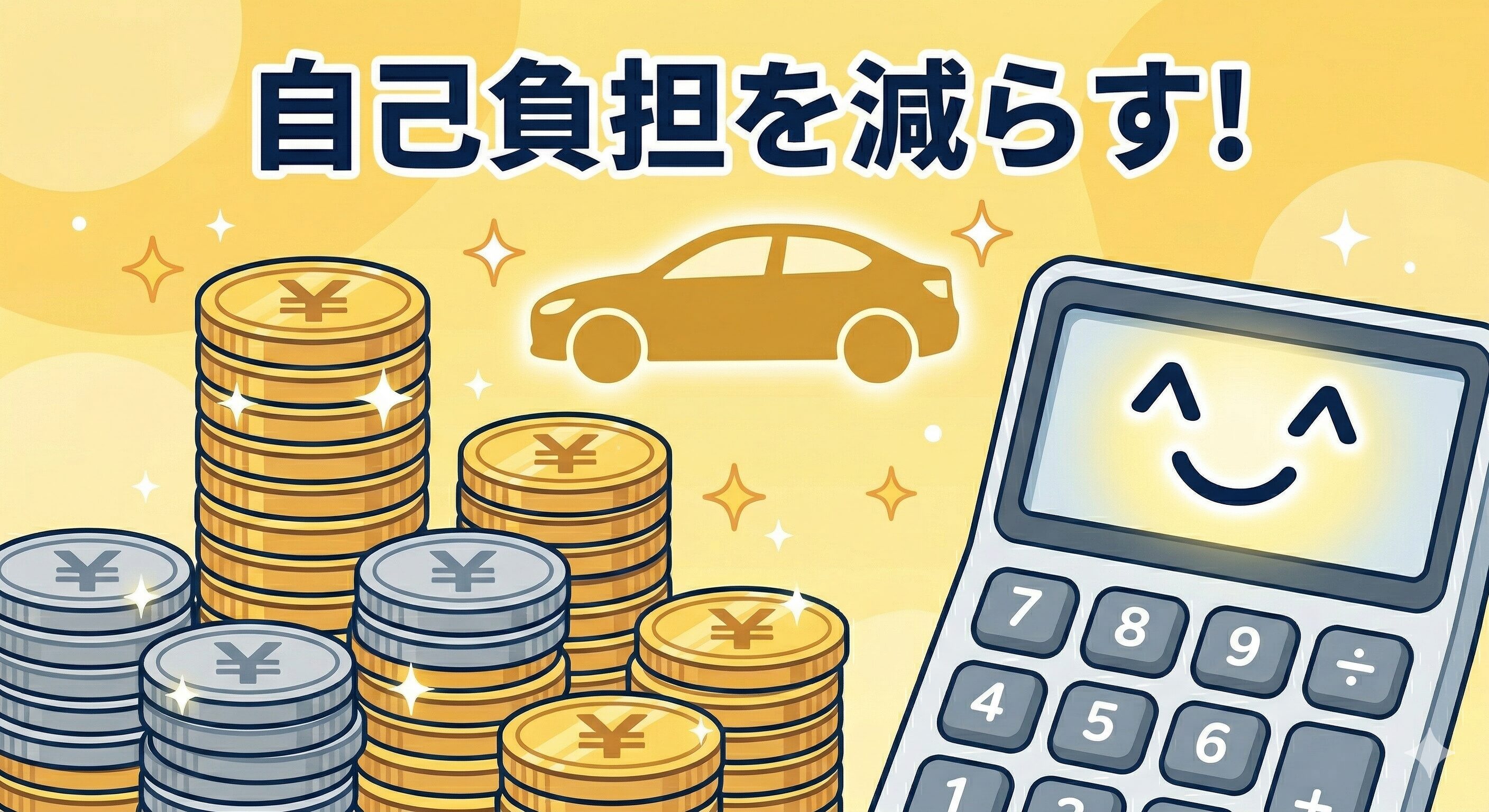 買い替えの自己負担を減らすための、積み上げられたコインと計算機のイラスト。