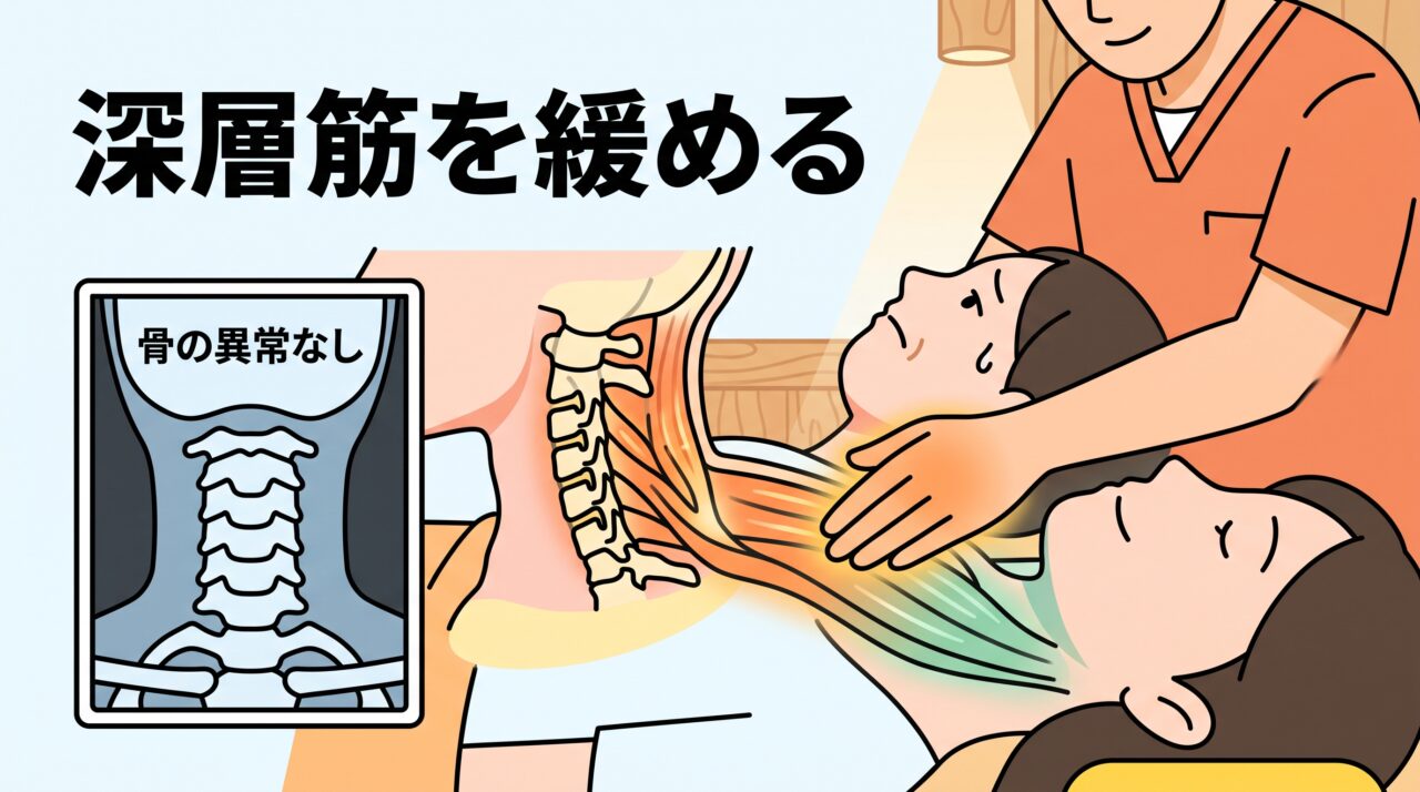 レントゲンに写らない首の深層筋肉の緊張を柔道整復師の手技で優しく緩める臨床現場の施術イメージイラスト