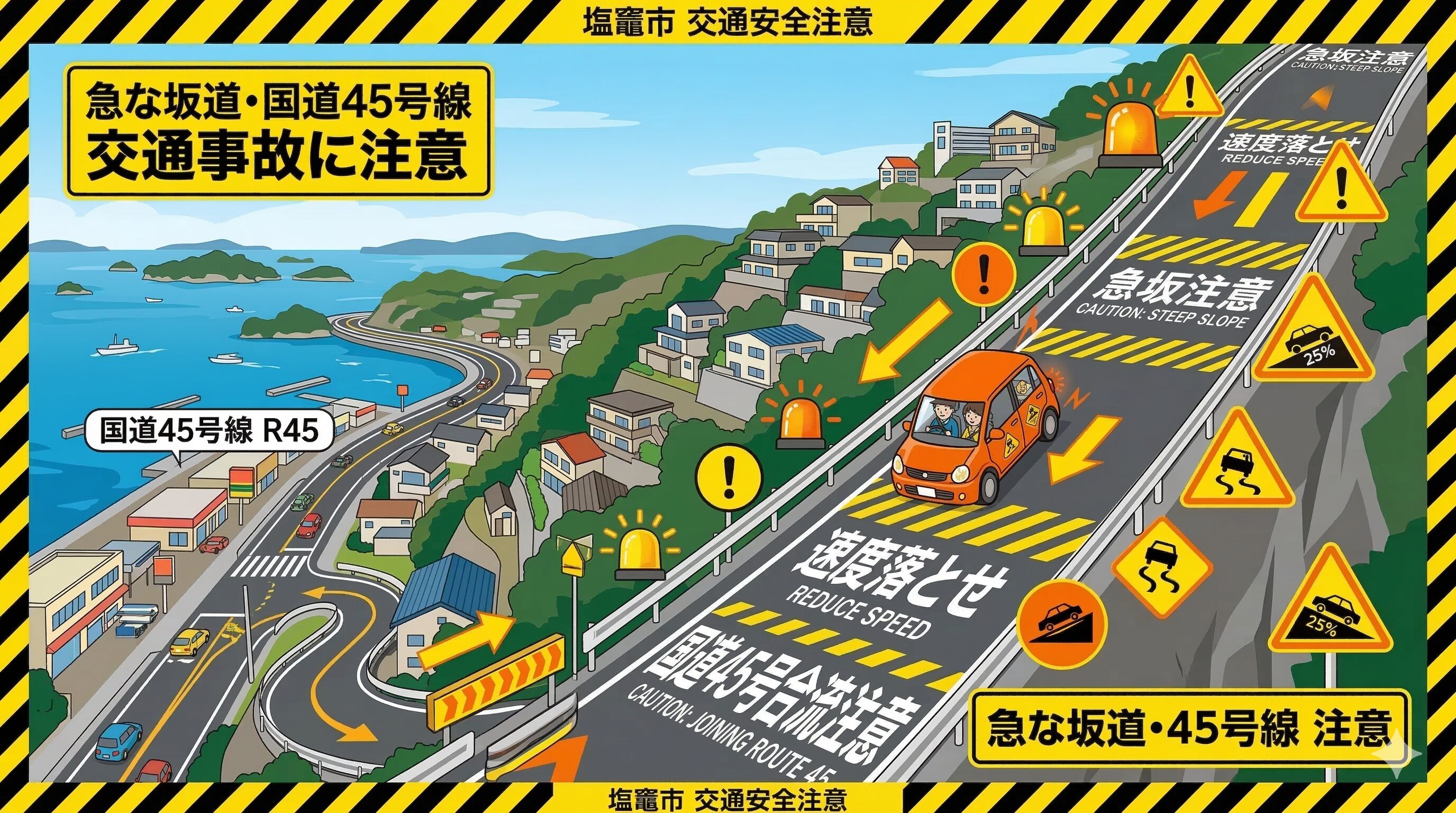 塩竈市特有の急な坂道や国道45号線での交通事故に注意を促すイラスト。