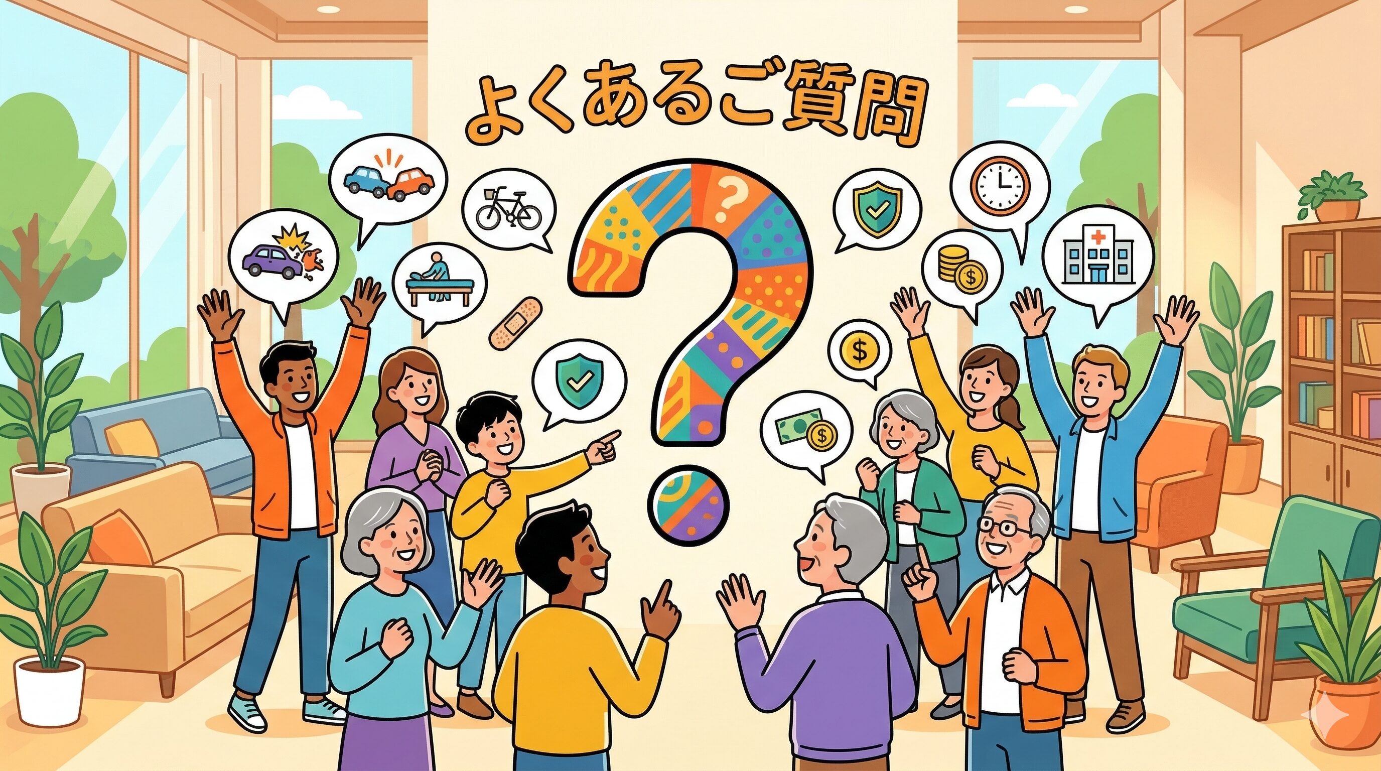 交通事故の手続きに関する患者様からのよくある質問と回答を表したイラスト