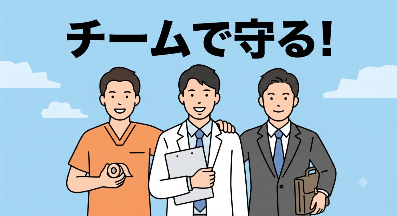 接骨院長、医師、弁護士が笑顔で並ぶ「チームで守る！」という力強いメッセージ入りのイラスト
