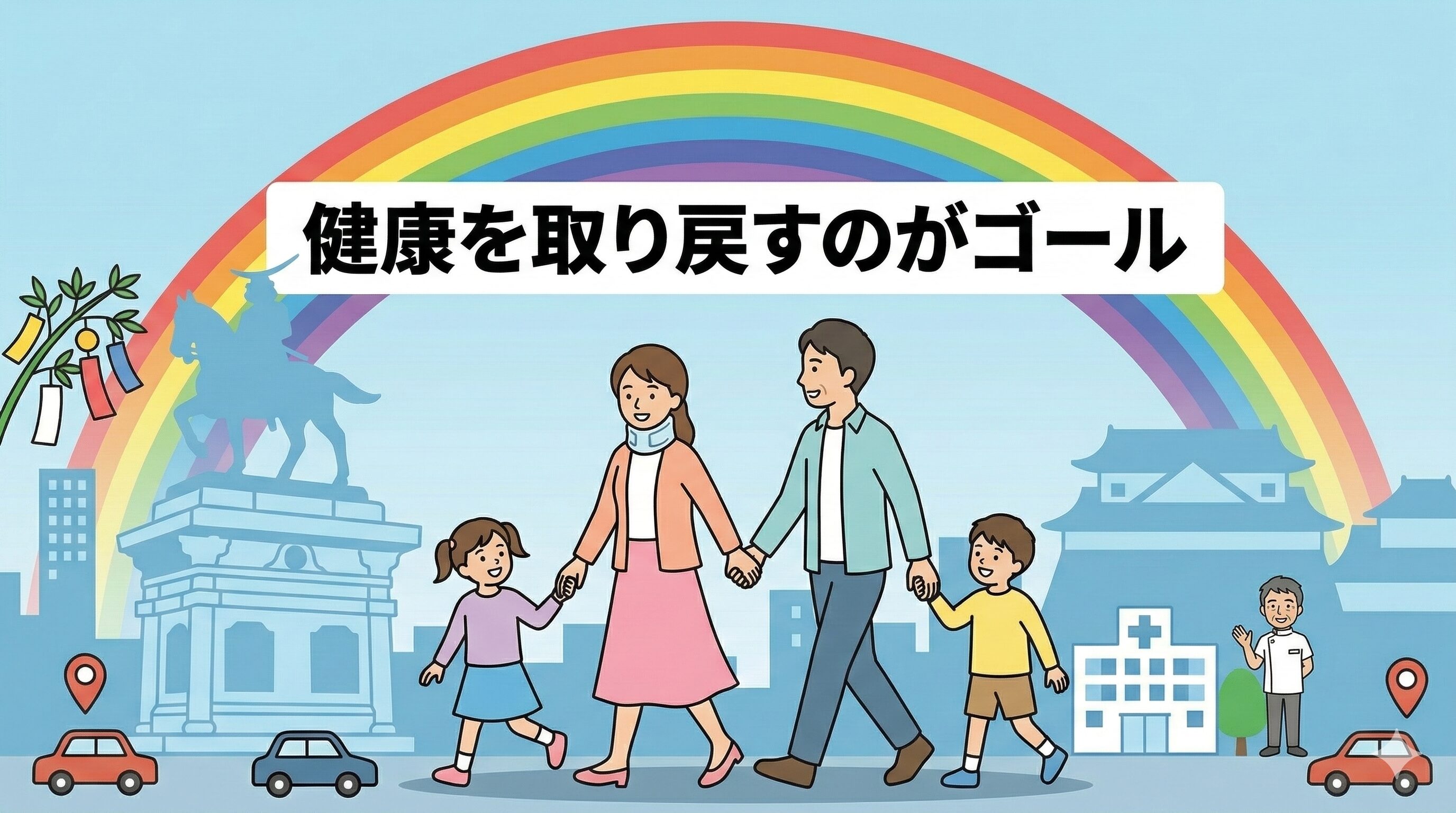 交通事故から回復し、健康な日常を取り戻した家族の幸せなイラスト。