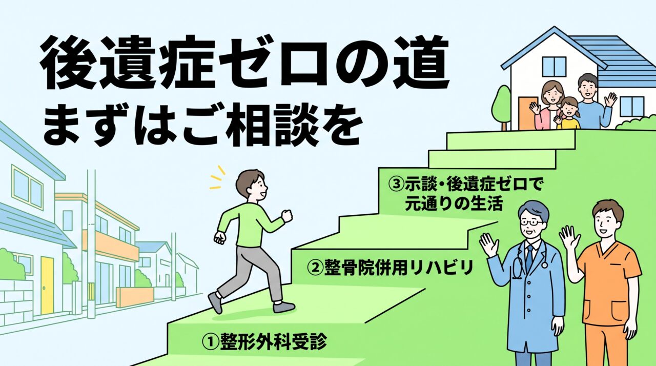 交通事故のむちうちから後遺症ゼロで平穏な日常へ回復するまでのステップを描いたロードマップイラスト