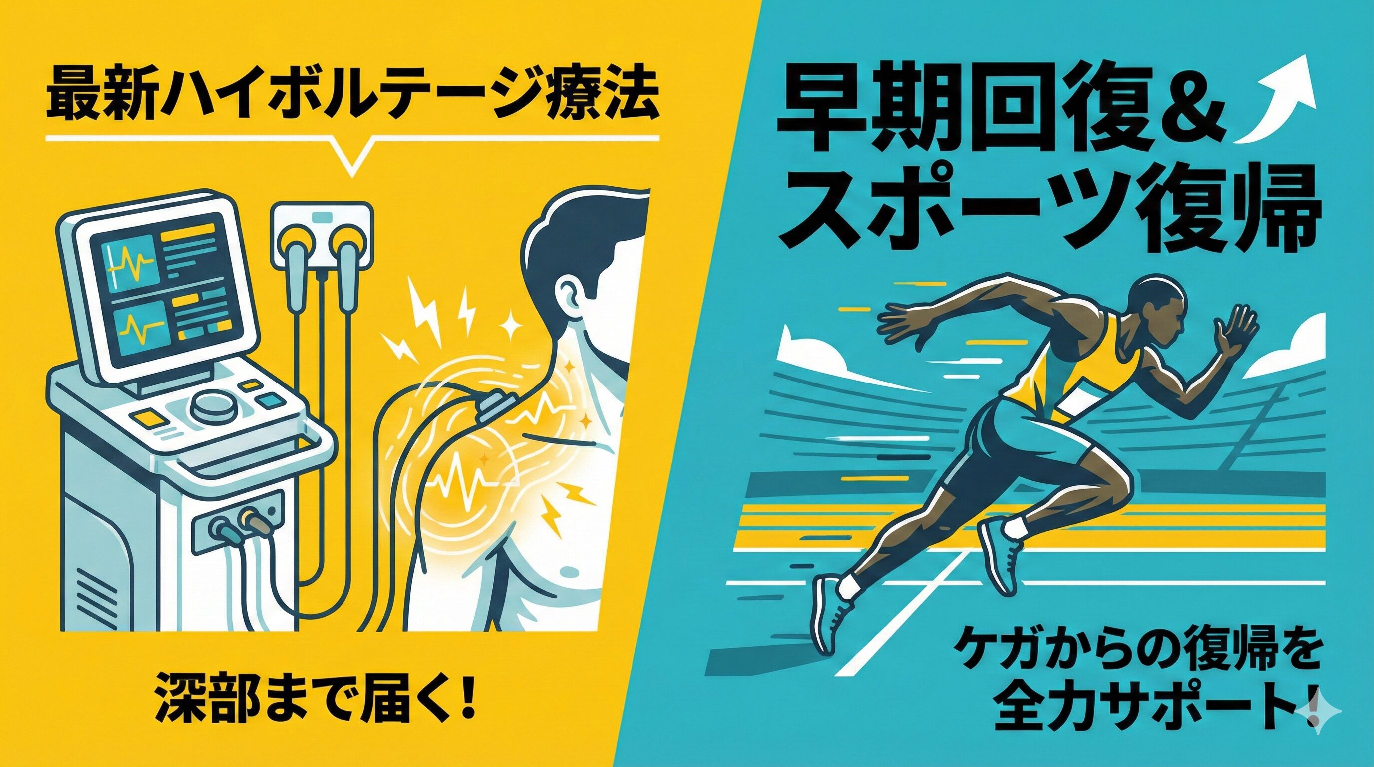たまて鍼灸接骨院の特徴を示すイラスト。最新の治療機器を用いた施術と、スポーツ障害からの早期回復をサポートする様子。