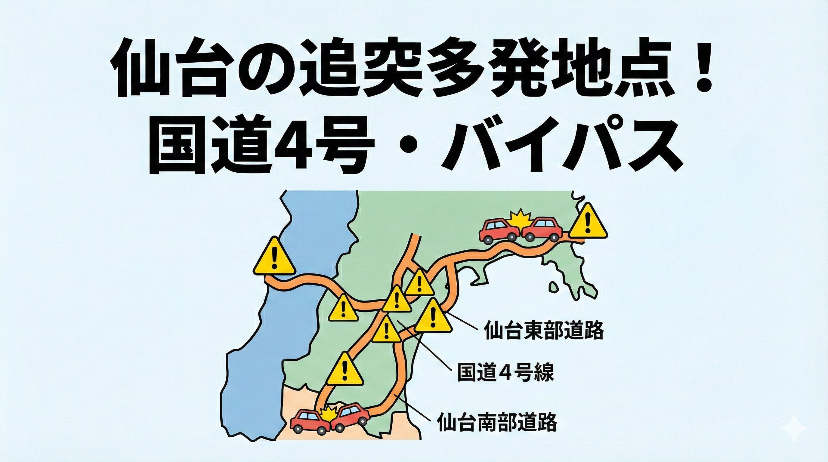 仙台市内の地図上で国道4号線やバイパスなどの追突事故多発ポイントを示すインフォグラフィック