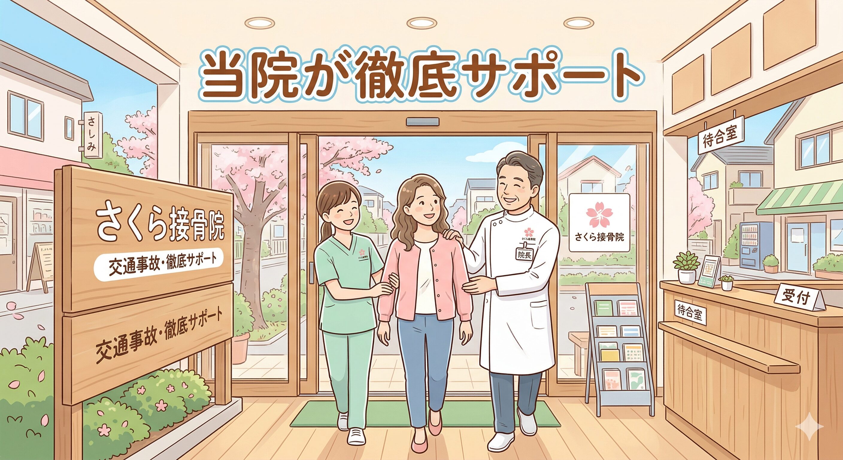 交通事故の示談手続きに向けて、接骨院の院長とスタッフが患者様を全面的にサポートしているイラスト