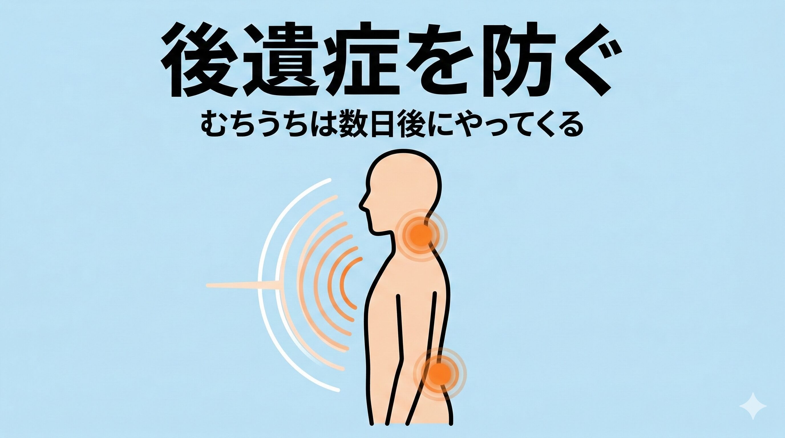 自転車事故による身体への衝撃と、後から現れるむちうちの症状を警告するイラスト。