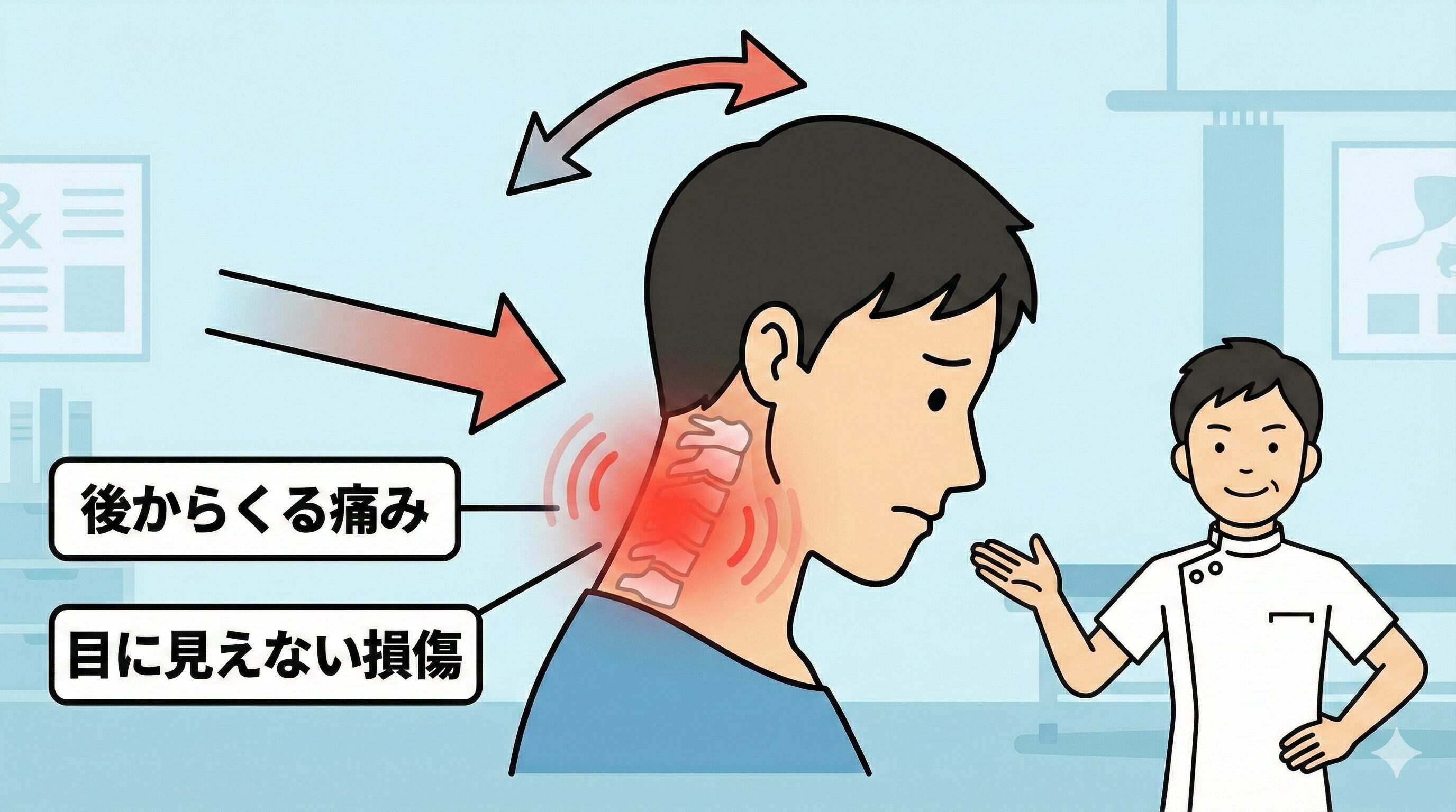 交通事故の衝撃で首がしなる「むちうち」のメカニズムと、数日後に痛みや炎症が出るタイムラグを説明する医学的イメージ図。
