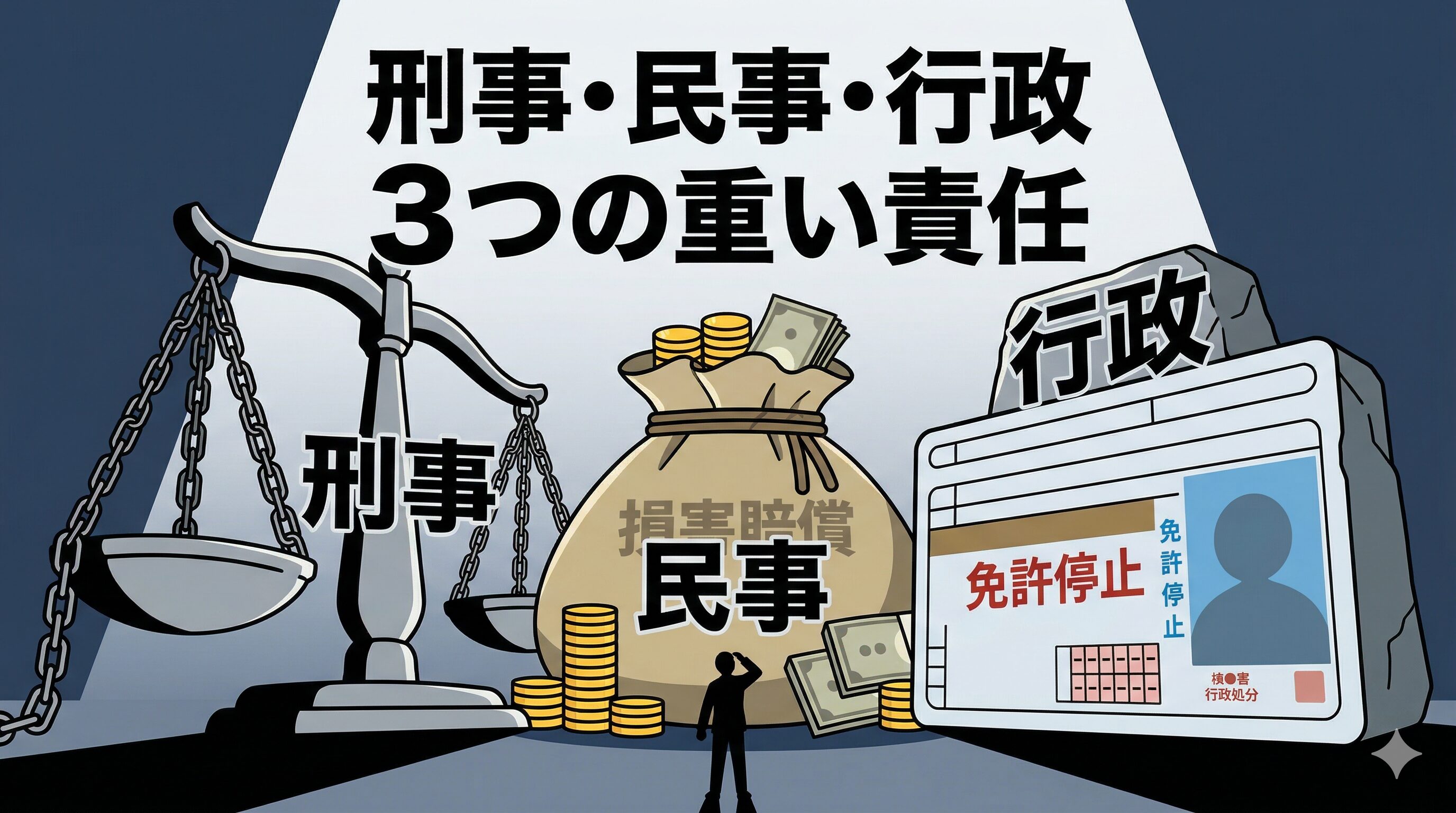 交通事故加害者が負う刑事・民事・行政の3つの重い責任を表したイラスト