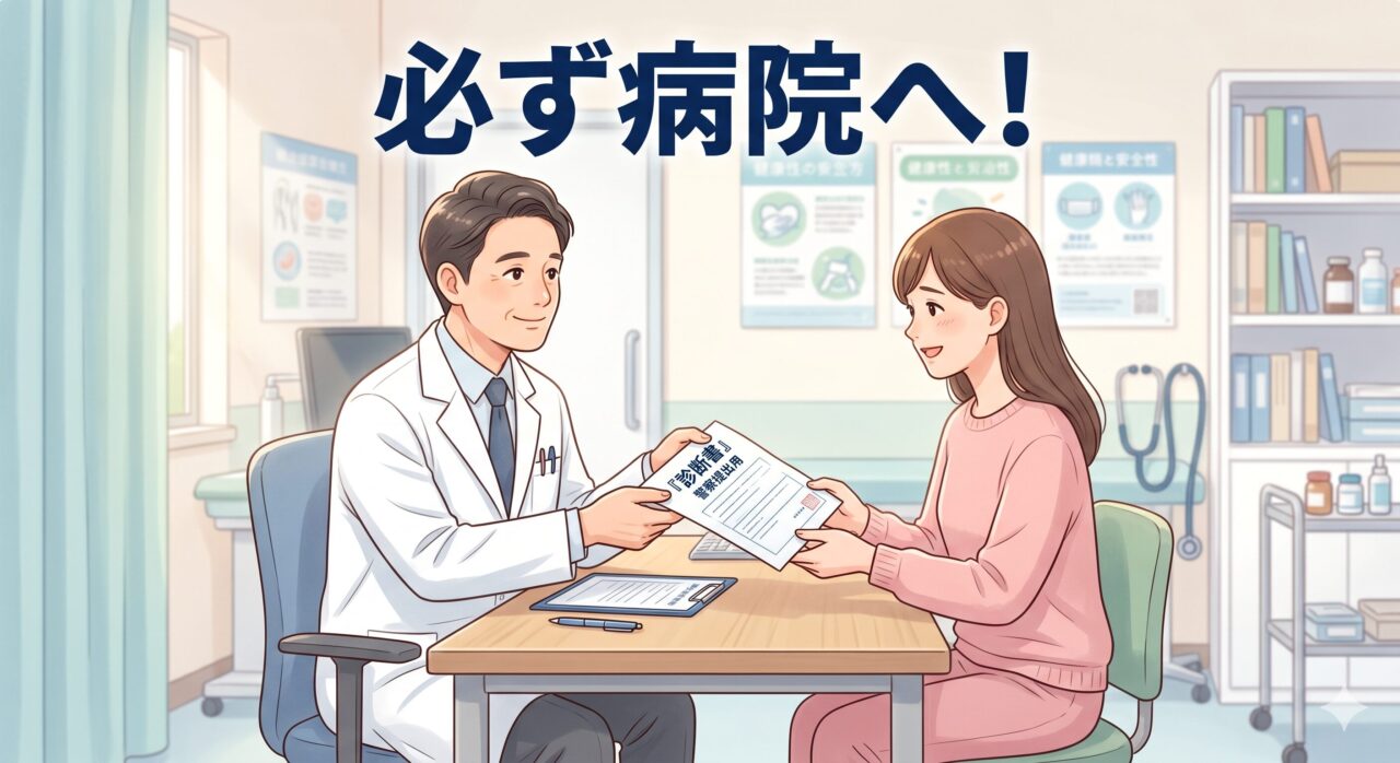 医師の診察を受け、警察へ提出するための診断書を受け取る患者のイラスト