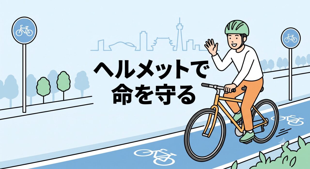 安全にヘルメットを着用して自転車を走らせる爽やかなイラスト。中央には「ヘルメットで命を守る」の文字