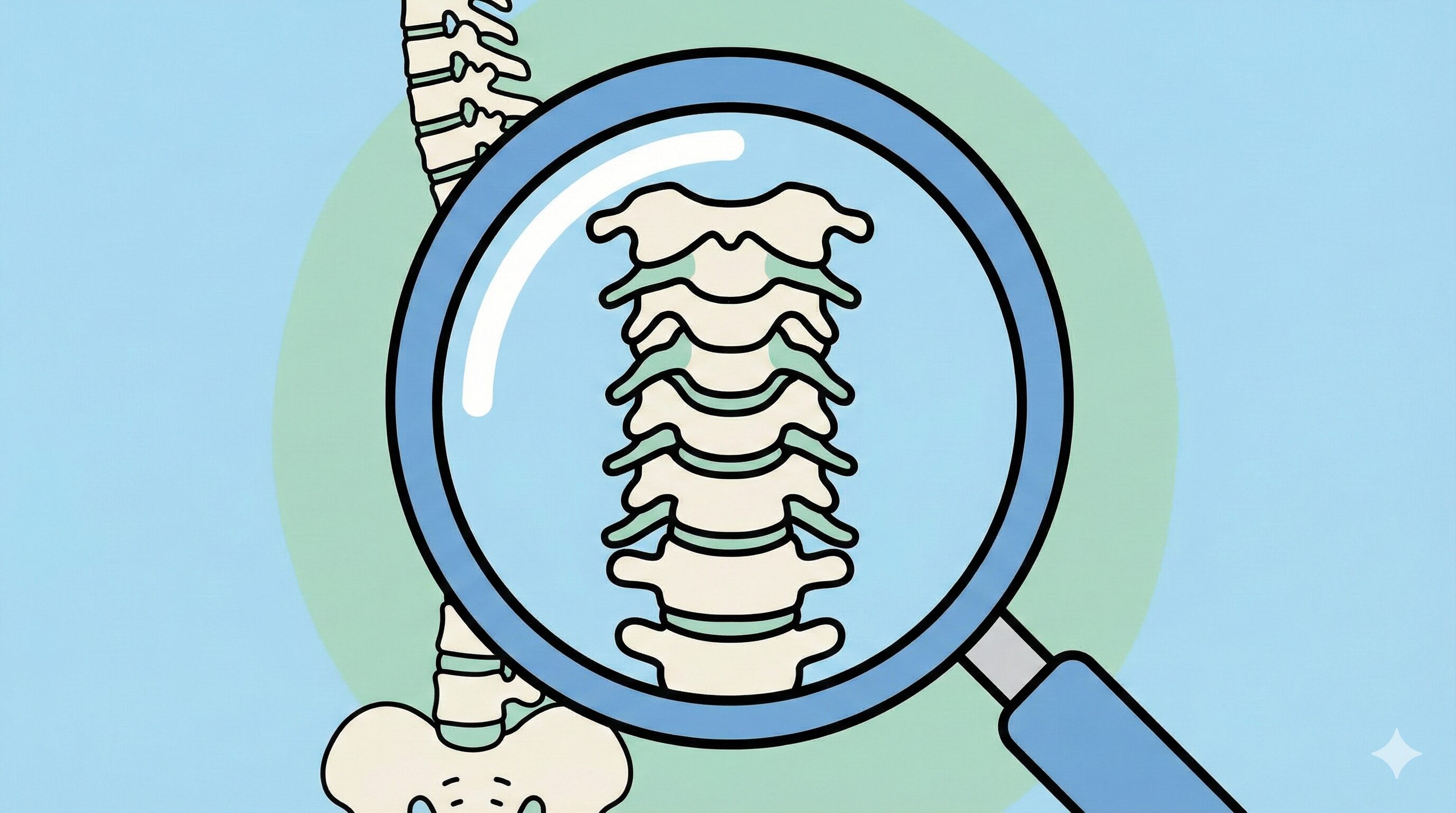 骨格模型と虫眼鏡のイラスト。むちうちの原因となる首の骨の歪みを徹底的に検査・分析しているイメージ