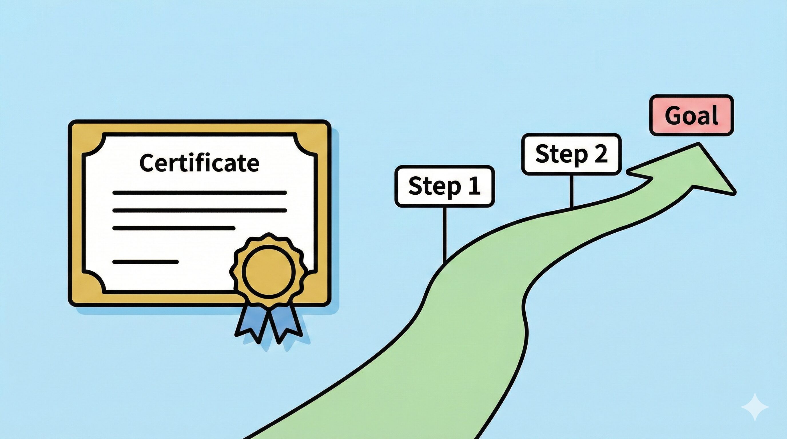 交通事故医療情報協会の認定証と、完治に向けた治療計画のステップアップを表すロードマップのイラスト