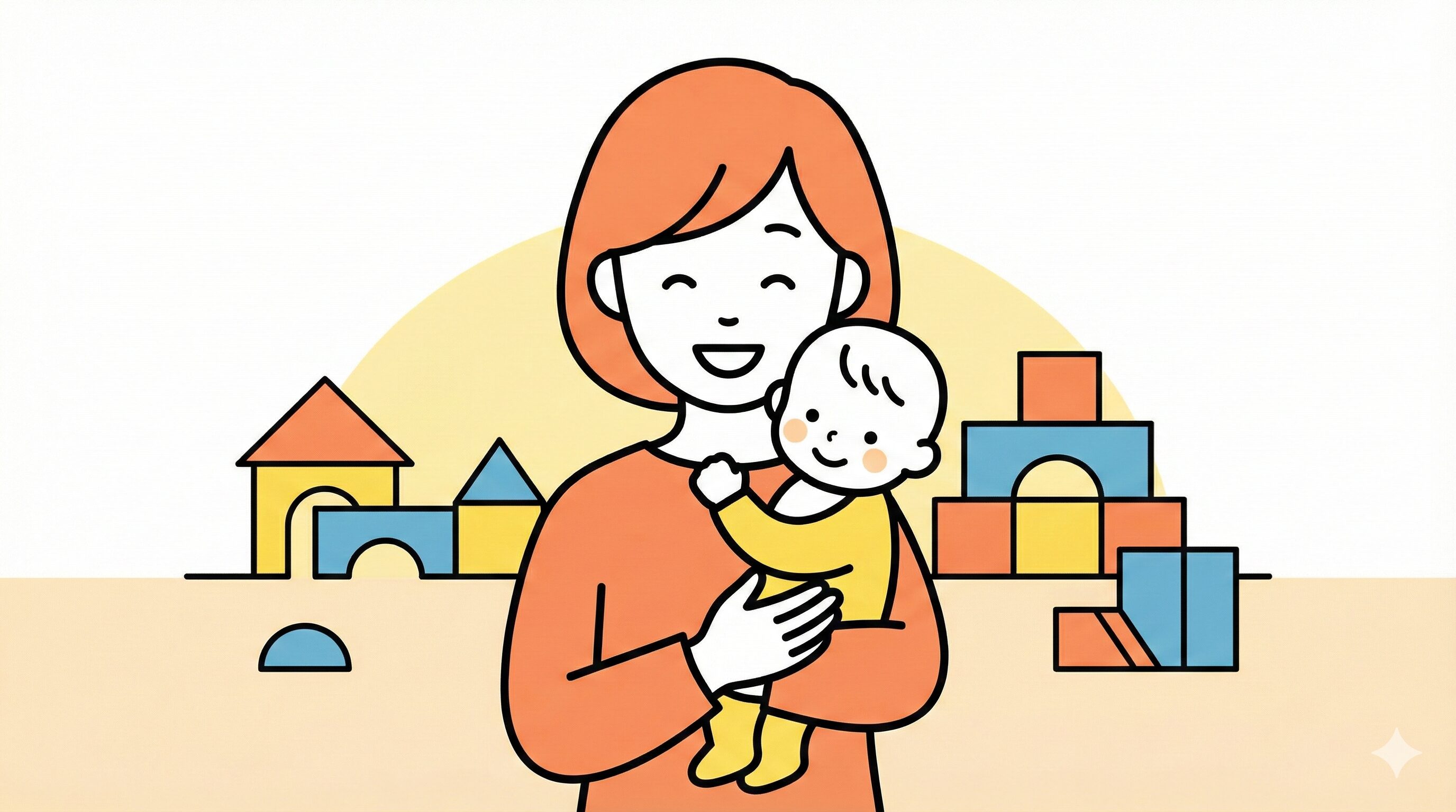 小さなお子様連れのお母さんが安心して通院できる、キッズスペースとおもちゃがある温かい雰囲気のイラスト