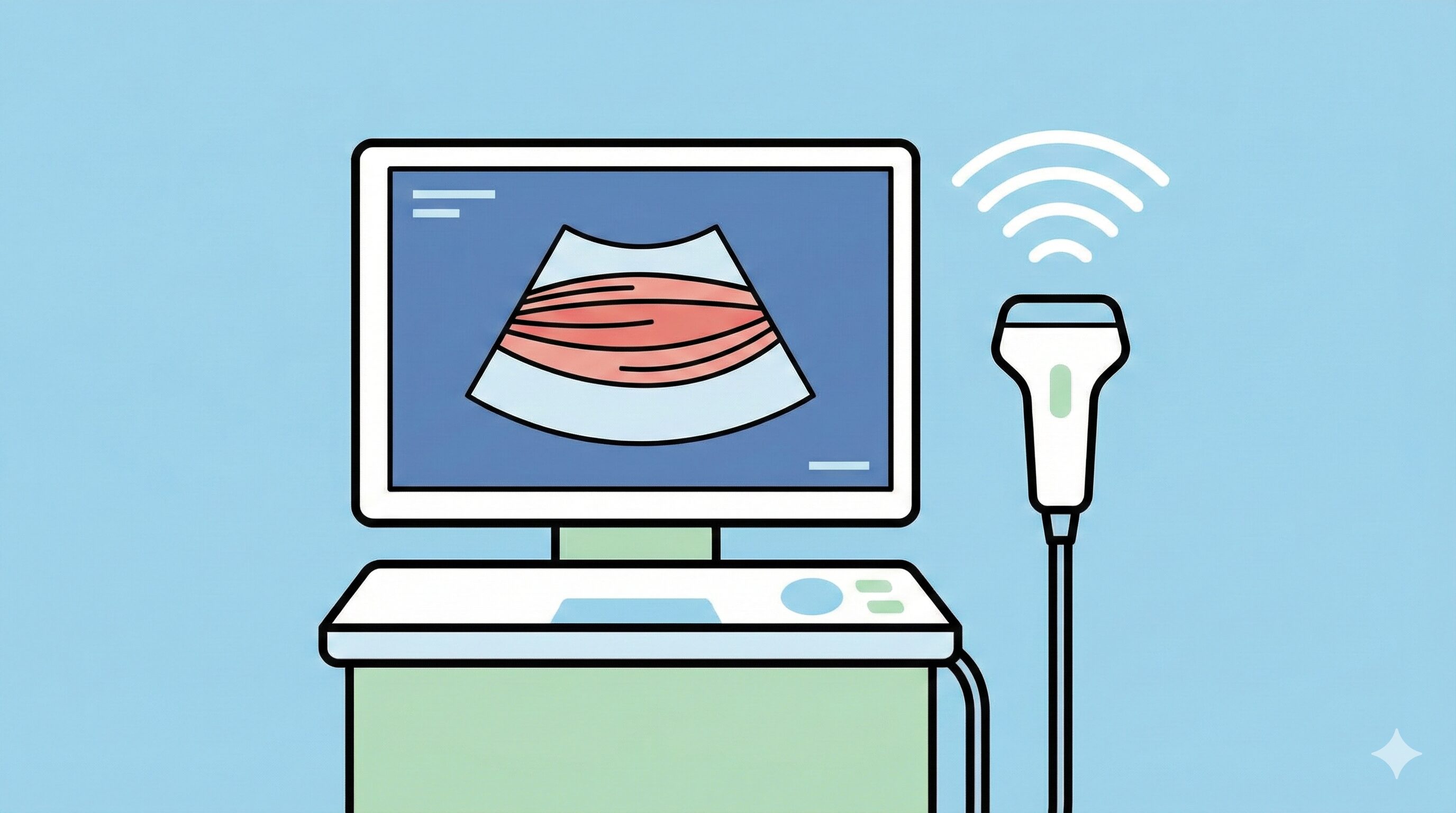 レントゲンには写らない筋肉や靭帯の損傷を確認するための超音波観察装置（エコー検査）のイラスト