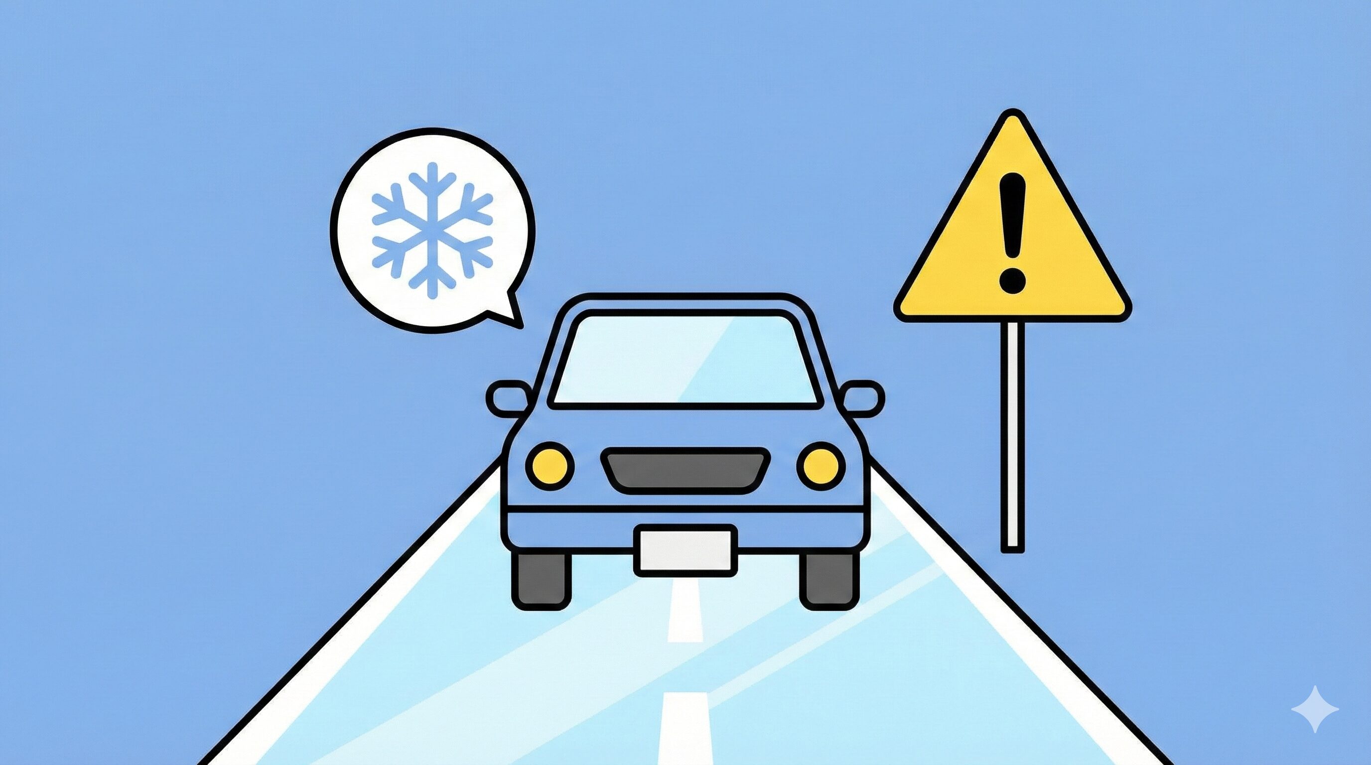 仙台の冬の道路事情。ブラックアイスバーンによるスリップ事故や追突に注意を促す交通安全のイラスト