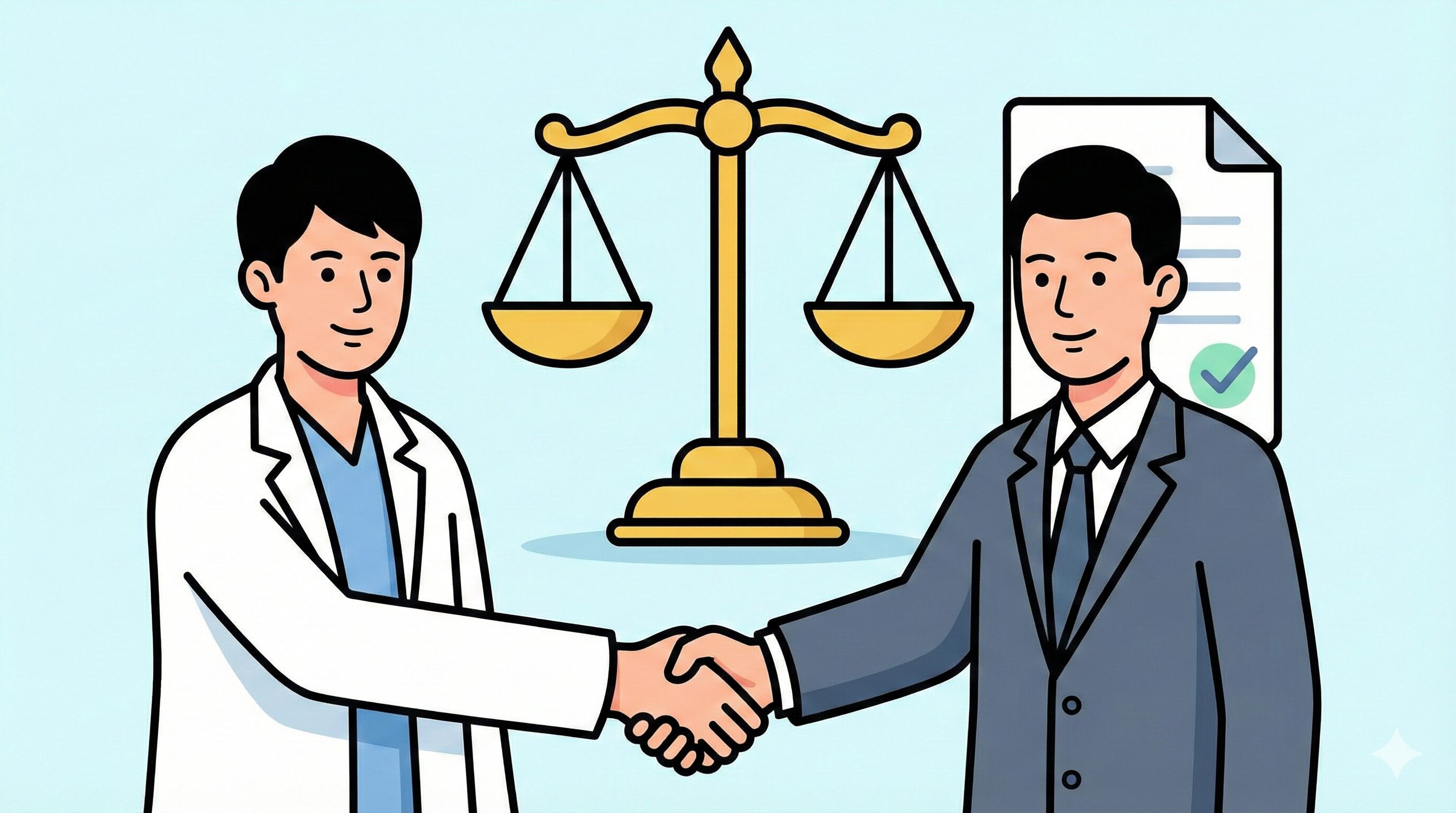 接骨院と弁護士が連携し、交通事故の損害賠償や保険会社対応をサポートしている様子を表すイラスト