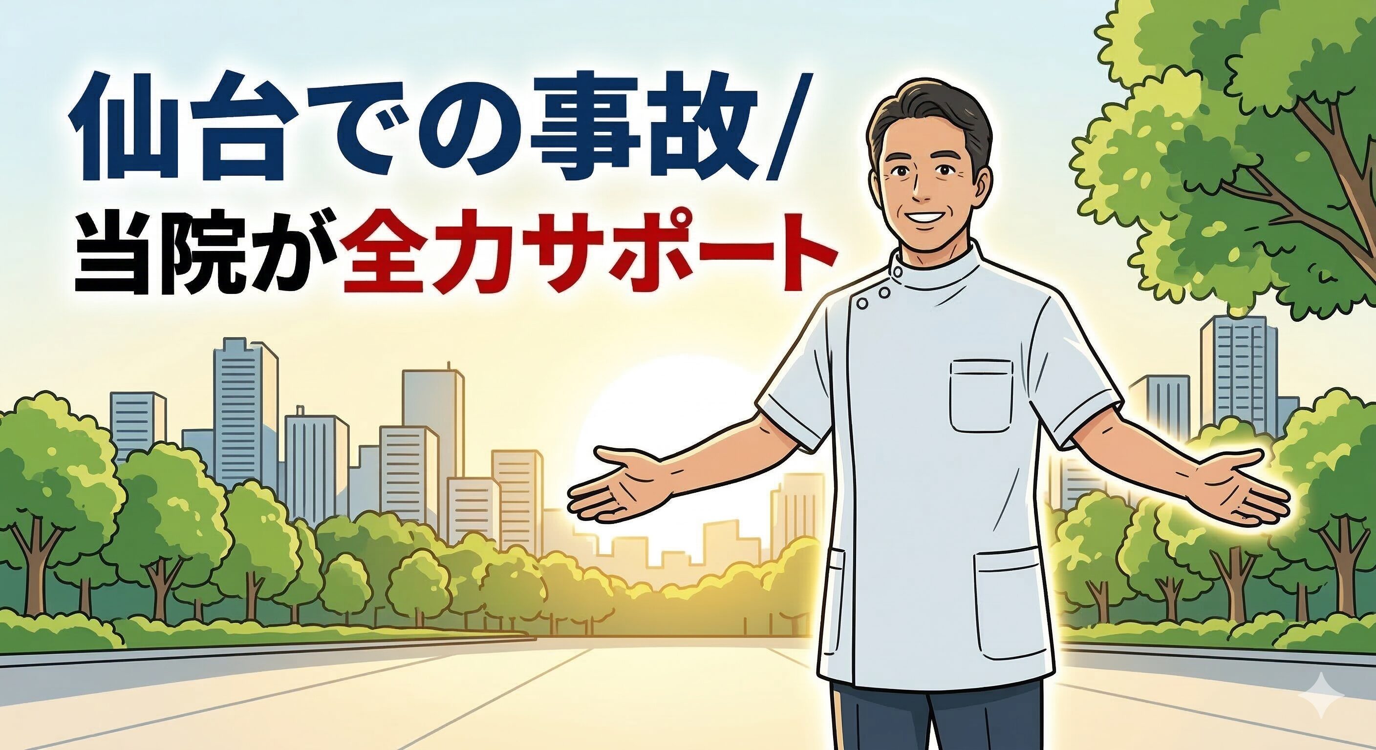 仙台でレンタカー事故に遭った方を全力でサポートする接骨院の院長のイラスト