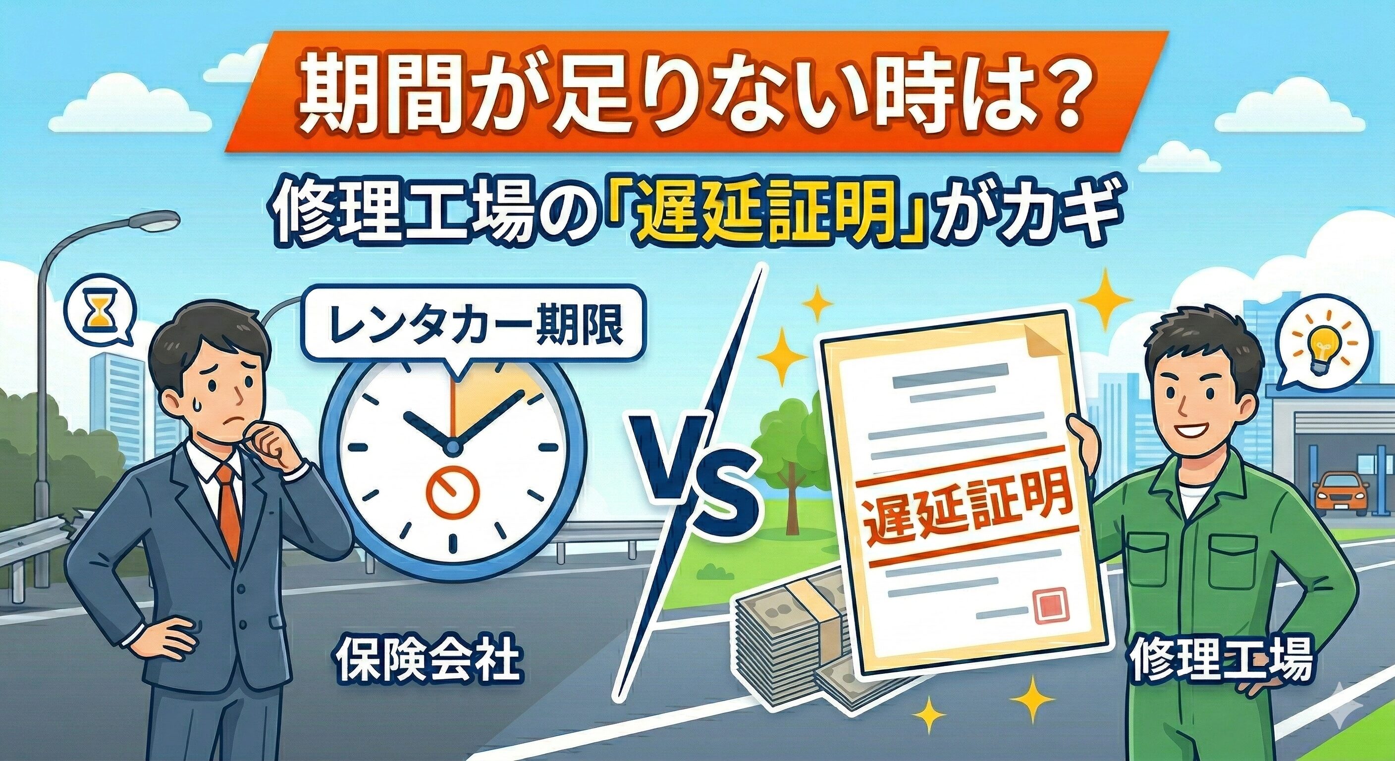 修理期間が足りない場合に、修理工場から遅延証明をもらって保険会社と交渉する様子を描いたイラスト。