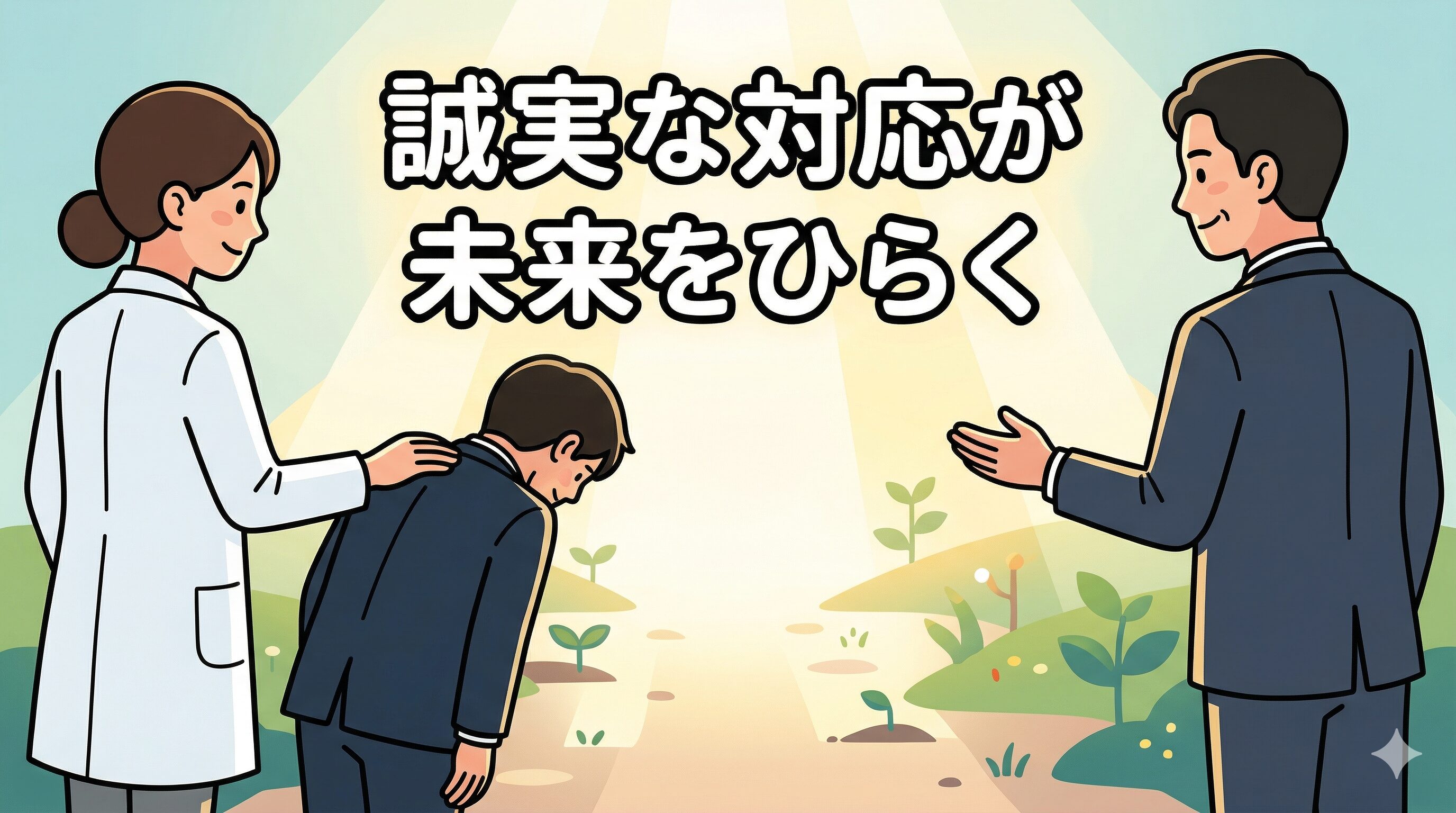 専門家のサポートを受けながら、誠実に謝罪をして未来へ歩み出そうとする交通事故加害者のイラスト