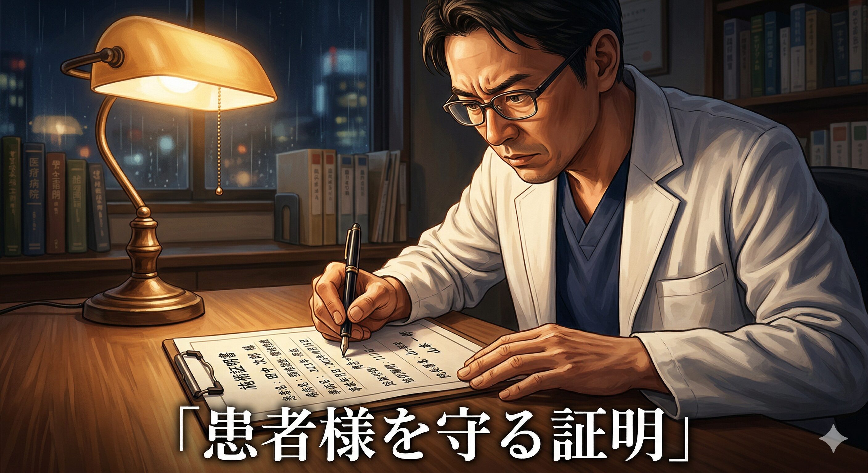 交通事故の患者様を救うため、詳細な施術証明書を情熱を持って作成する接骨院院長のイラスト