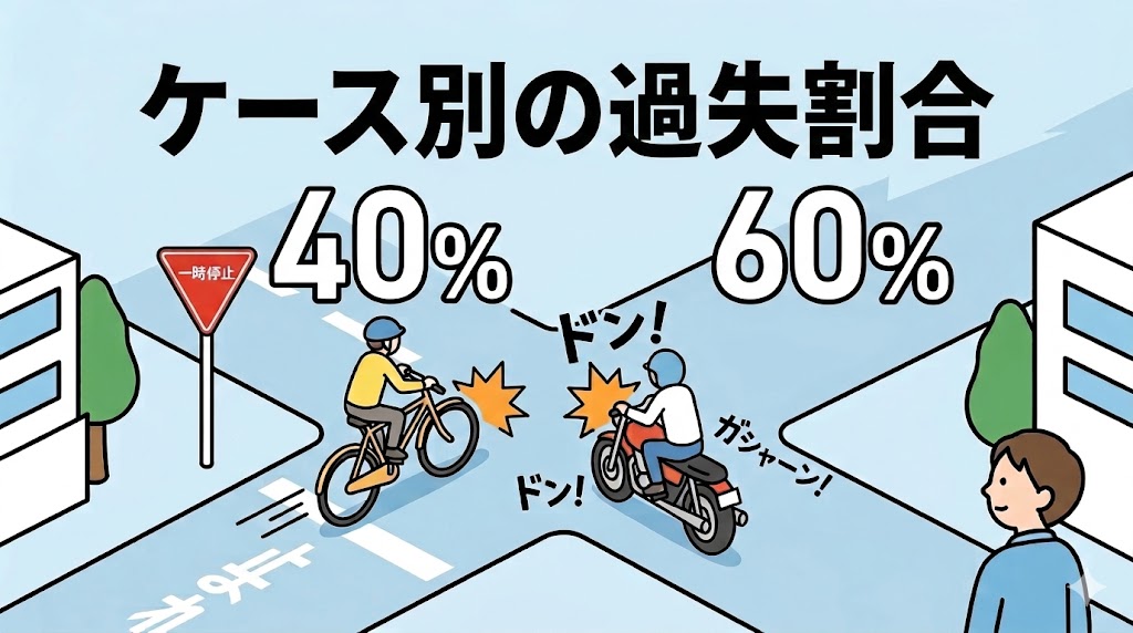 自転車の一時停止無視により、自転車側の過失が重くなるケース（60対40）を説明する図解。