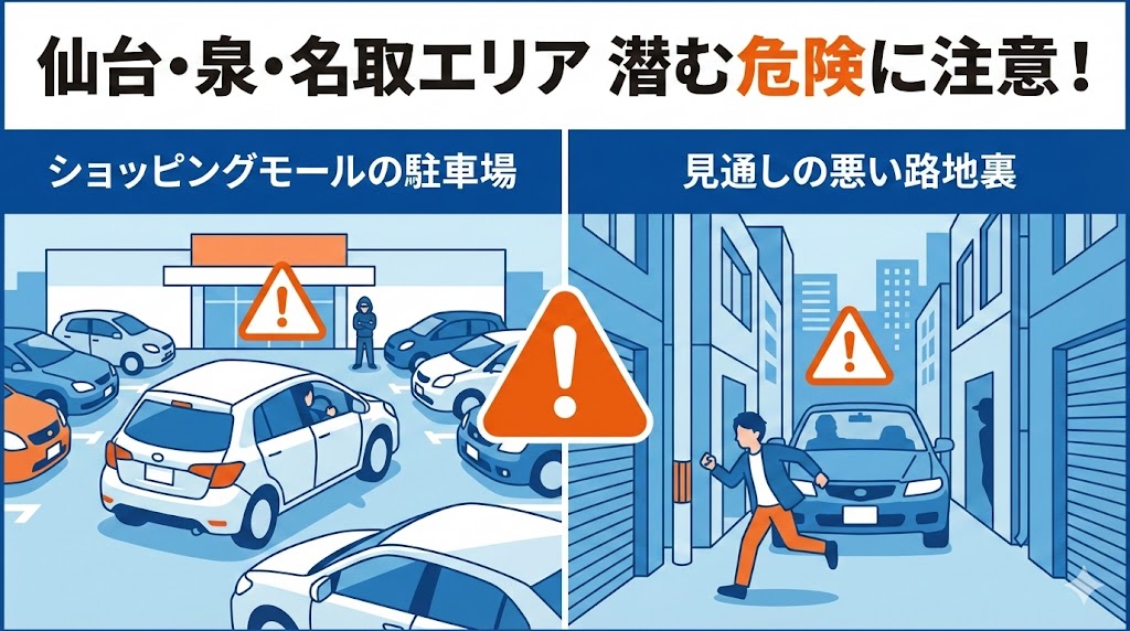 仙台市(青葉区・泉区)や名取市で注意すべき、ショッピングモールの駐車場でのバック事故や路地裏からの飛び出し(当たり屋)の危険性を描いたイラスト